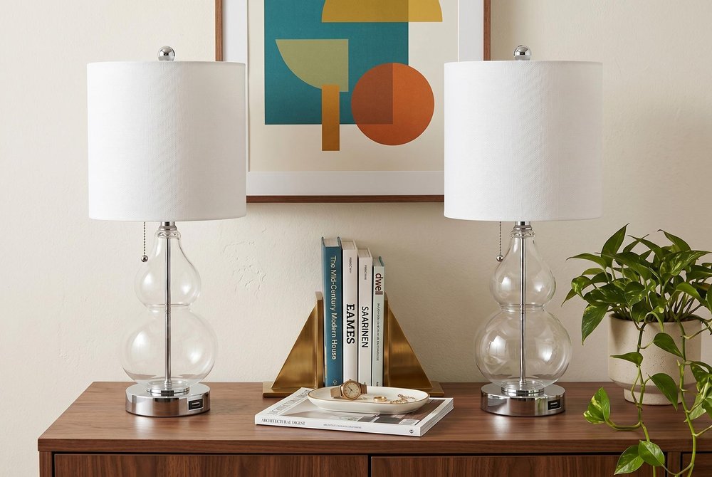 Set of Two 22" Clear And Silver Double Gourd USB Lamps With Drum Shades — view 8