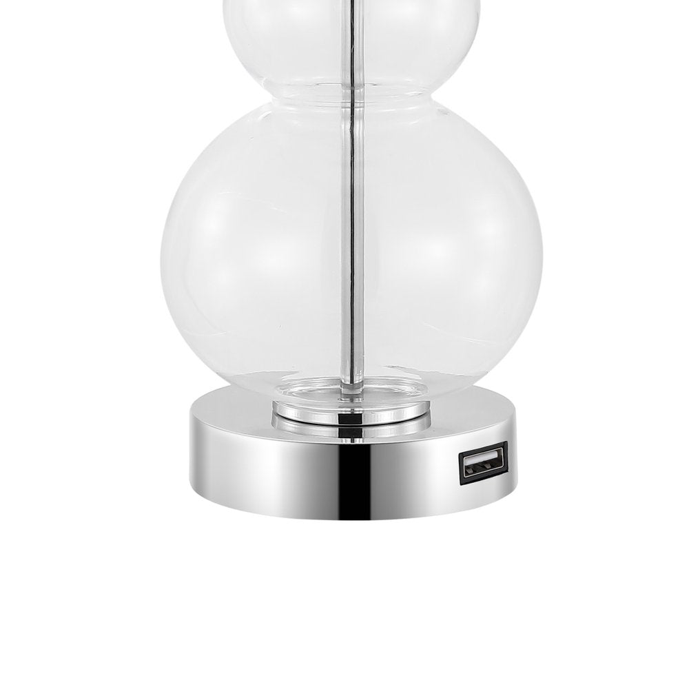 Set of Two 22" Clear And Silver Double Gourd USB Lamps With Drum Shades — view 2