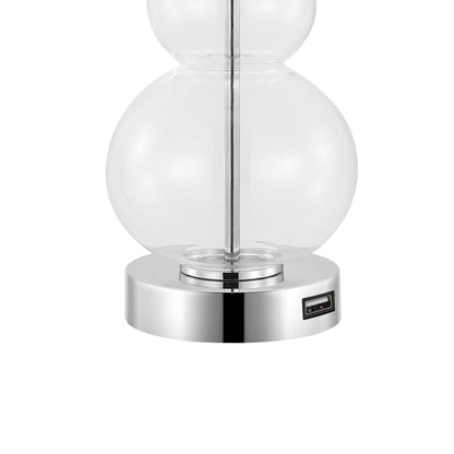 Set of Two 22" Clear And Silver Double Gourd USB Lamps With Drum Shades