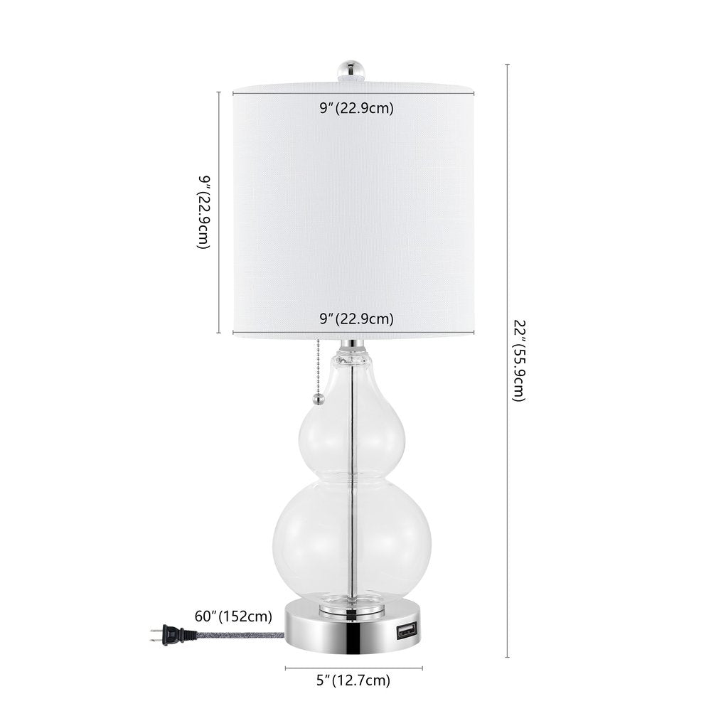 Set of Two 22" Clear And Silver Double Gourd USB Lamps With Drum Shades — view 3