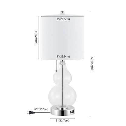 Set of Two 22" Clear And Silver Double Gourd USB Lamps With Drum Shades