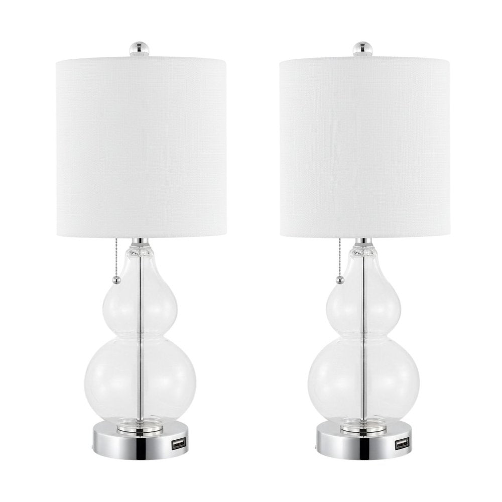Set of Two 22" Clear And Silver Double Gourd USB Lamps With Drum Shades — view 4