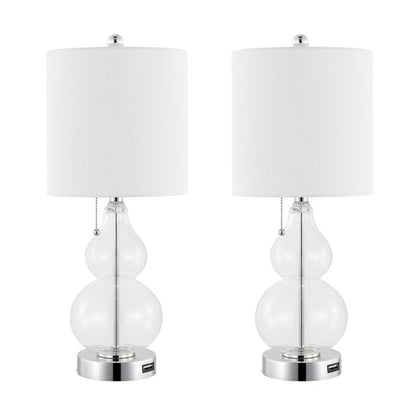 Set of Two 22" Clear And Silver Double Gourd USB Lamps With Drum Shades