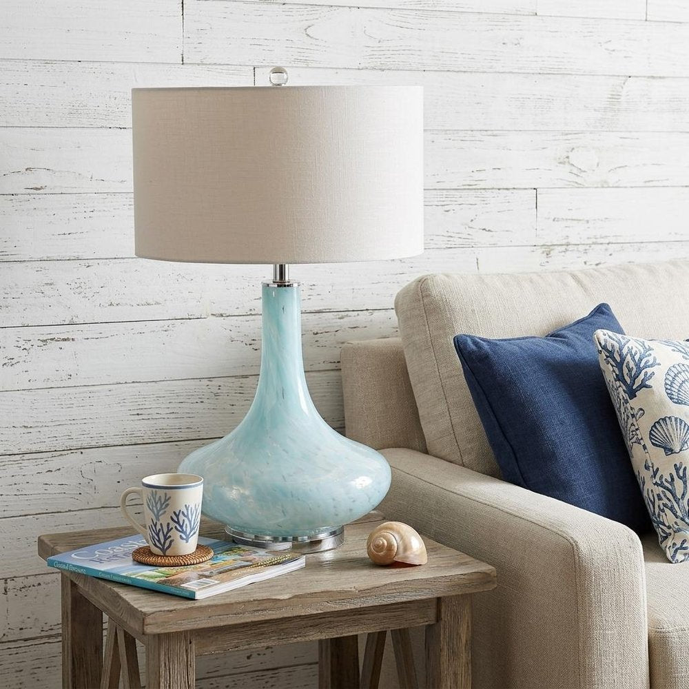 29" Light Blue And Clear Teardrop Glass Table Lamp With Drum Shade — view 8