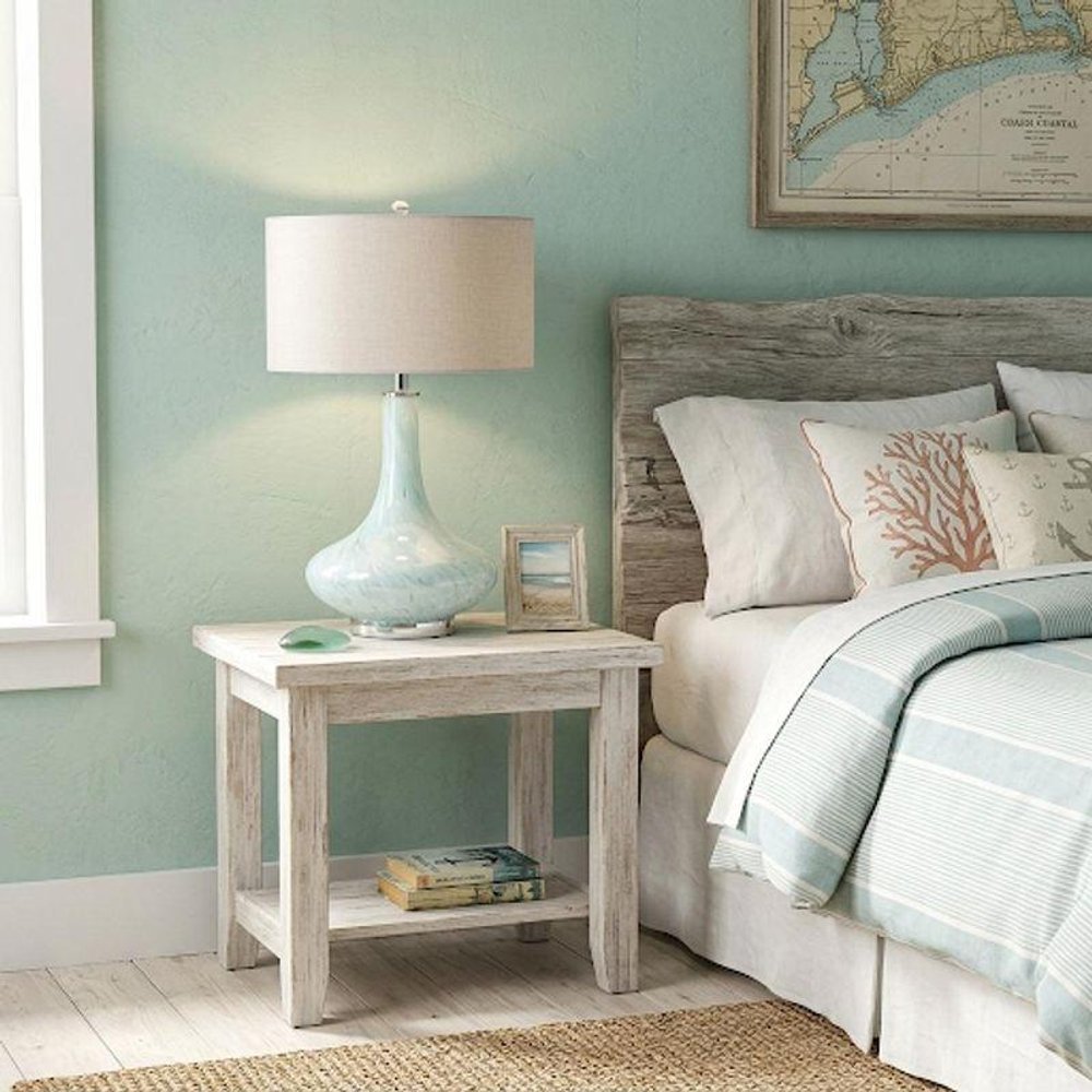 29" Light Blue And Clear Teardrop Glass Table Lamp With Drum Shade — view 7