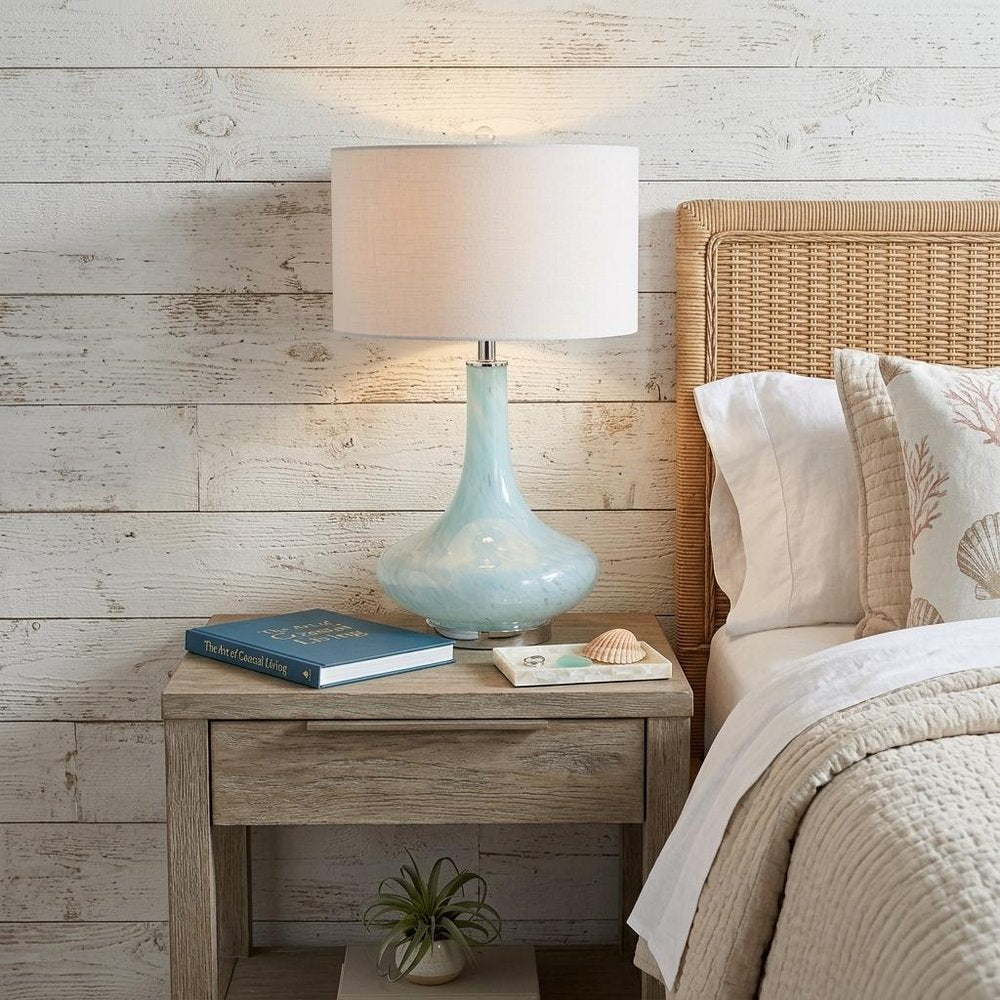 29" Light Blue And Clear Teardrop Glass Table Lamp With Drum Shade — view 9