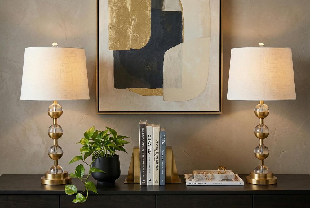 Set of Two 28" Gold Round Bedside Lamps With Drum Shades — view 7