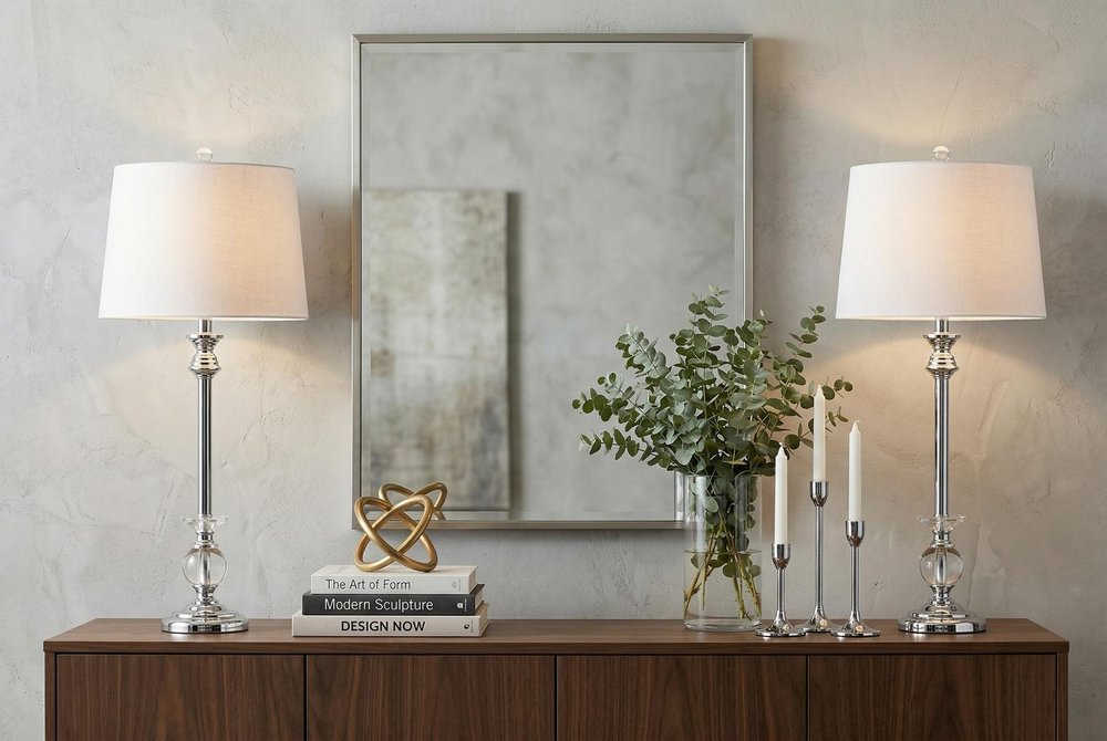 Set of Two 33" Silver Table Lamps With Drum Shades — view 7