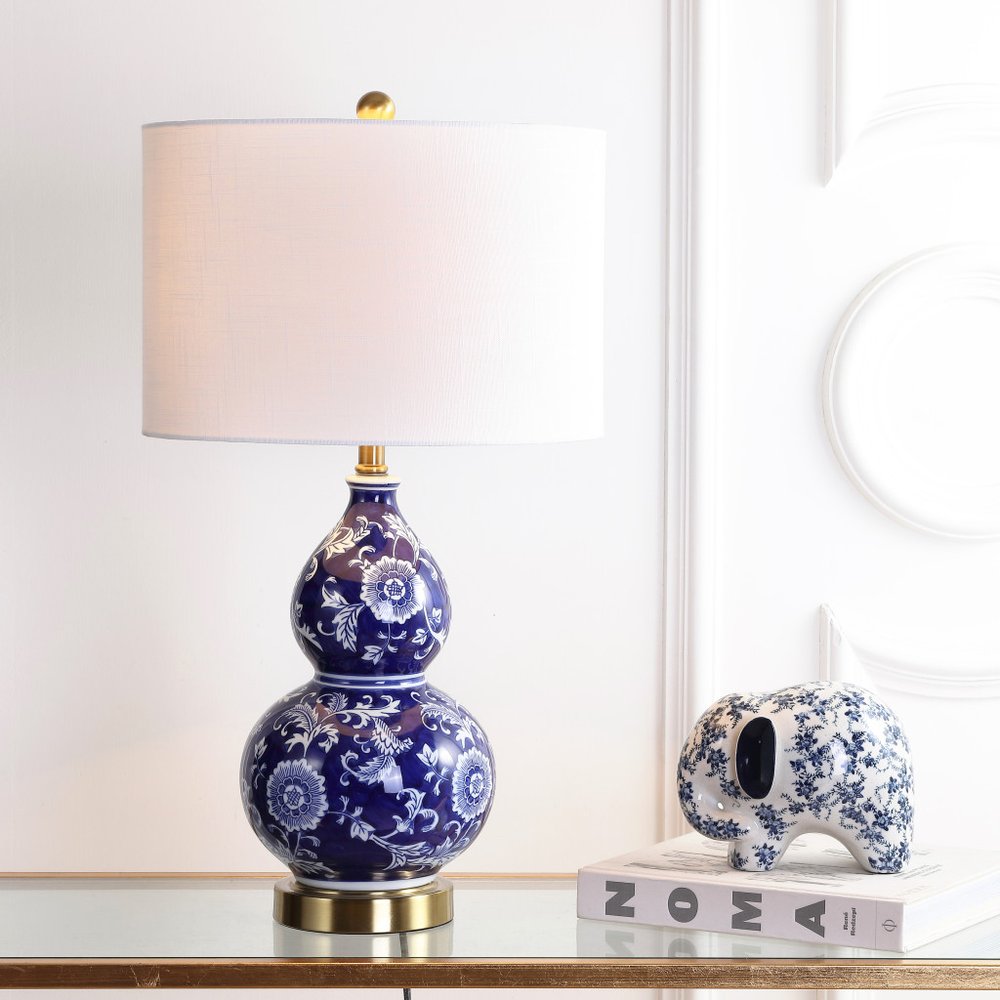 27" Blue Gold And White Novelty Table Lamp With Drum Shade — view 1