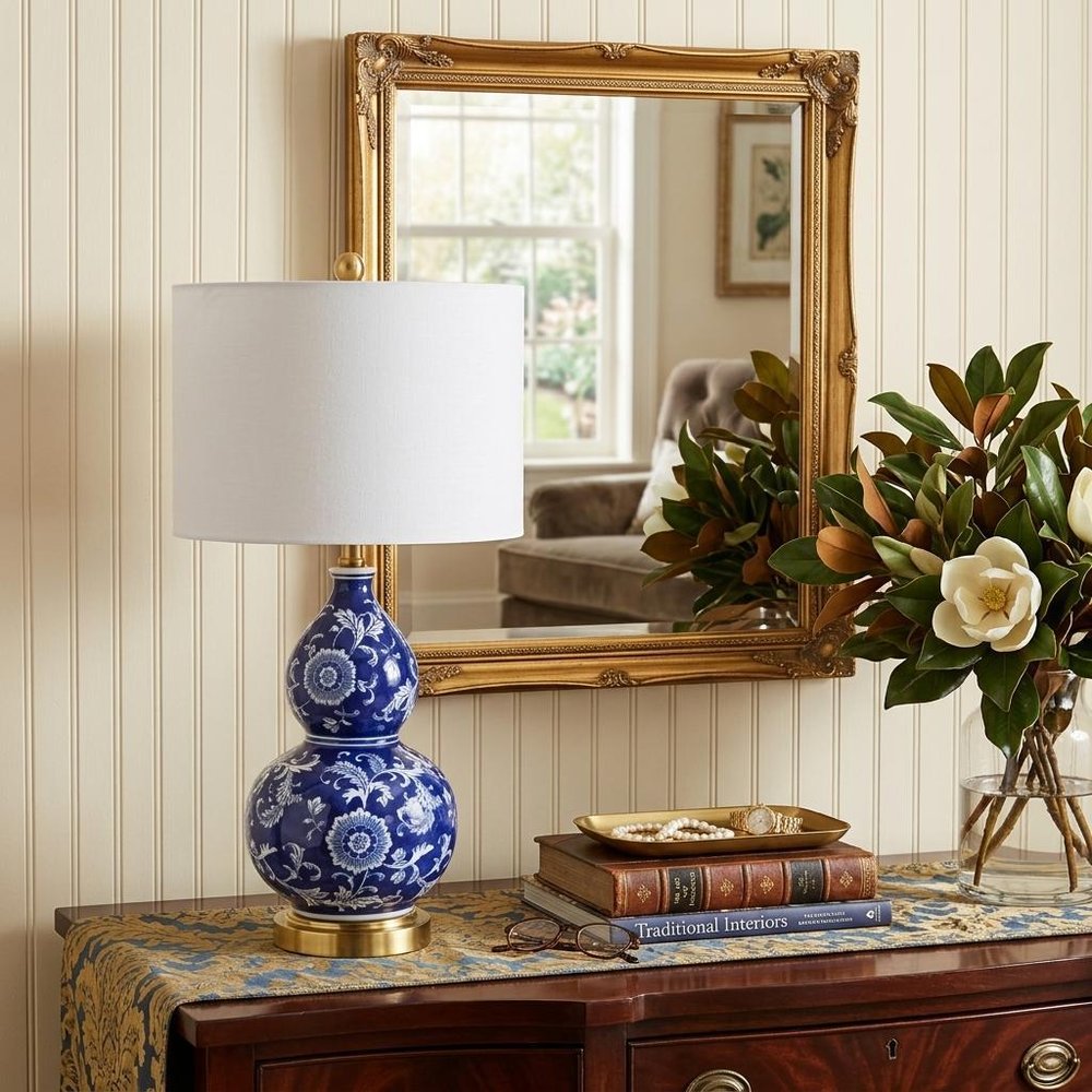 27" Blue Gold And White Novelty Table Lamp With Drum Shade — view 8