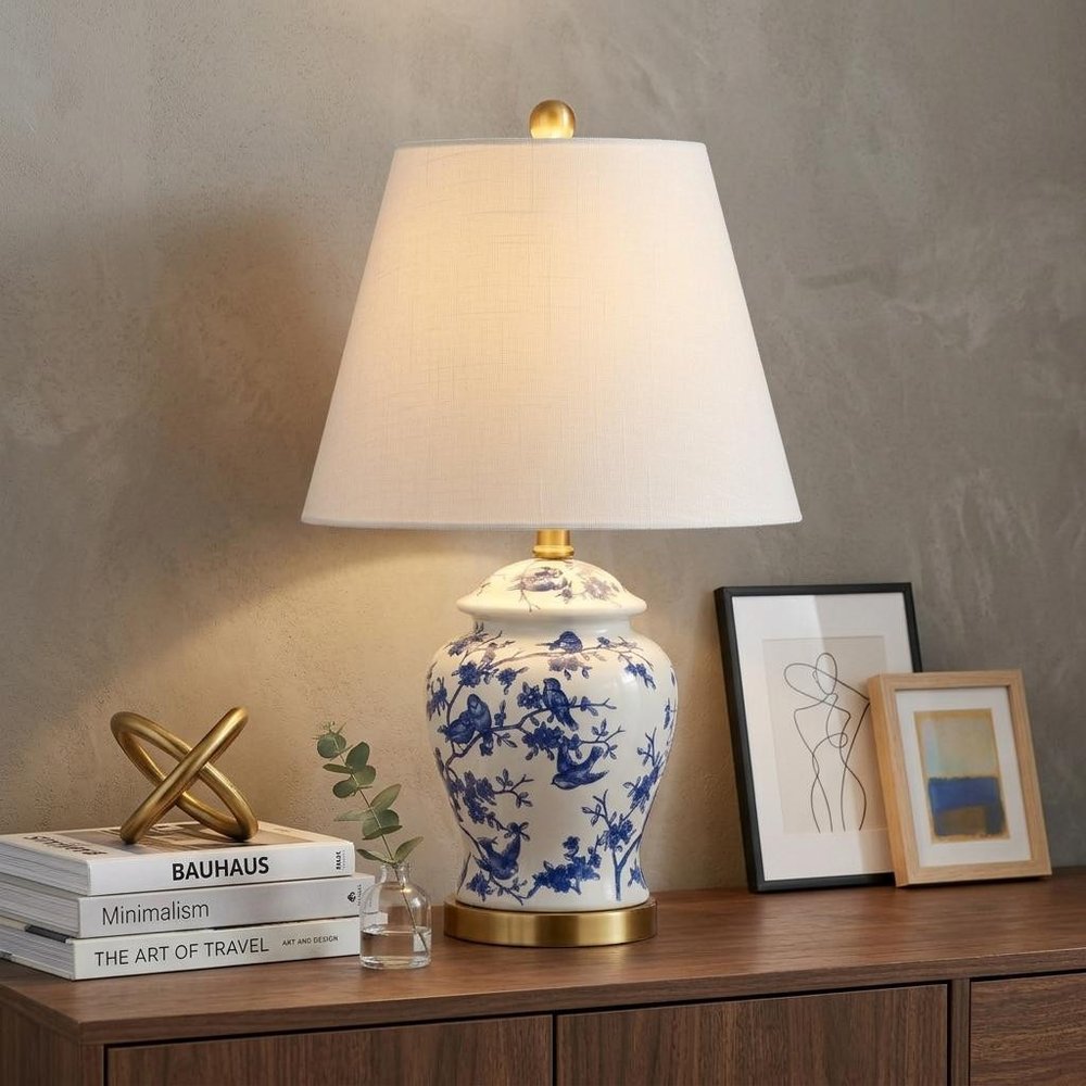 22" Blue Gold And White Urn Table Lamp With Empire Shade HomeRoots