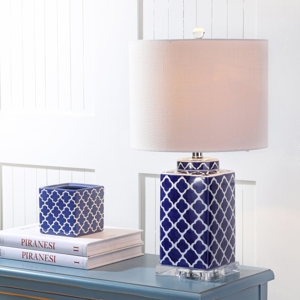 23" Clear Navy Blue And White Geometric Table Lamp With Drum Shade HomeRoots