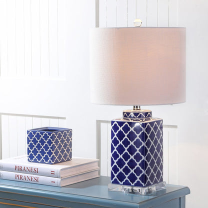 23" Clear Navy Blue And White Geometric Table Lamp With Drum Shade HomeRoots