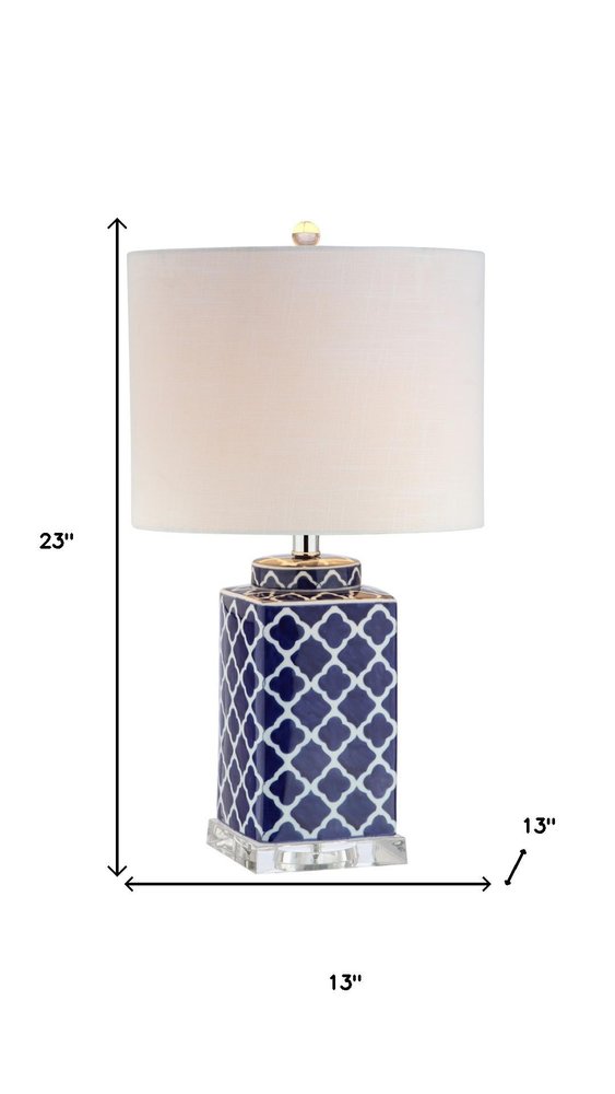 23" Clear Navy Blue And White Geometric Table Lamp With Drum Shade HomeRoots