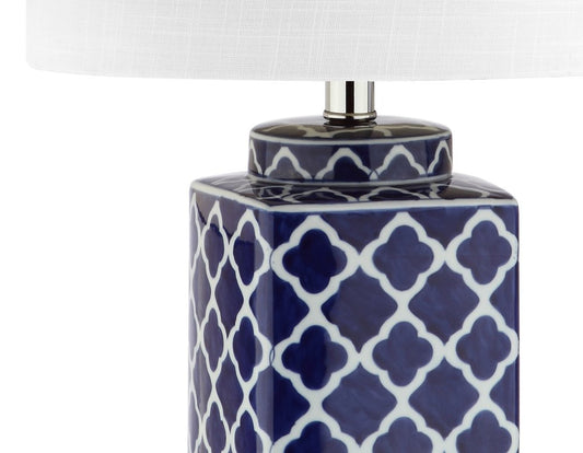 23" Clear Navy Blue And White Geometric Table Lamp With Drum Shade HomeRoots