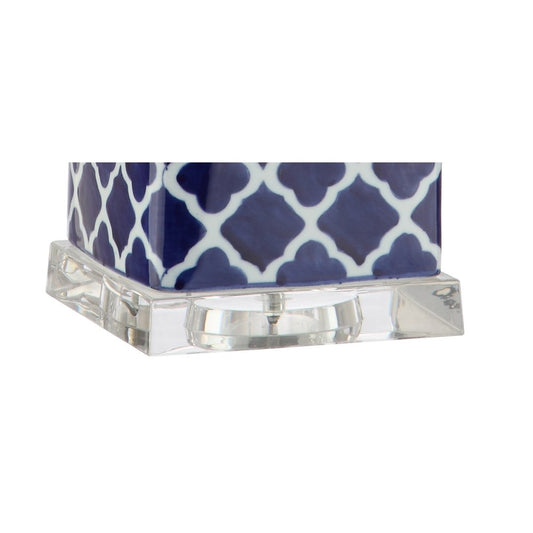 23" Clear Navy Blue And White Geometric Table Lamp With Drum Shade HomeRoots