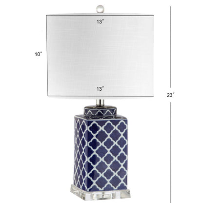 23" Clear Navy Blue And White Geometric Table Lamp With Drum Shade HomeRoots