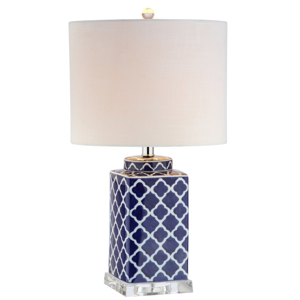 23" Clear Navy Blue And White Geometric Table Lamp With Drum Shade HomeRoots