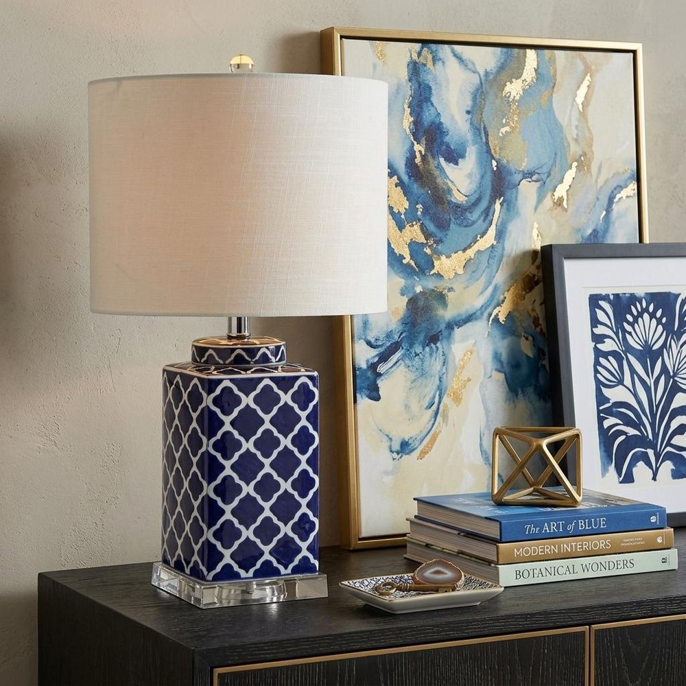 23" Clear Navy Blue And White Geometric Table Lamp With Drum Shade HomeRoots