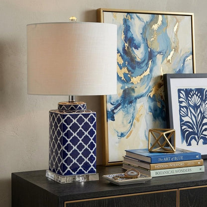 23" Clear Navy Blue And White Geometric Table Lamp With Drum Shade HomeRoots