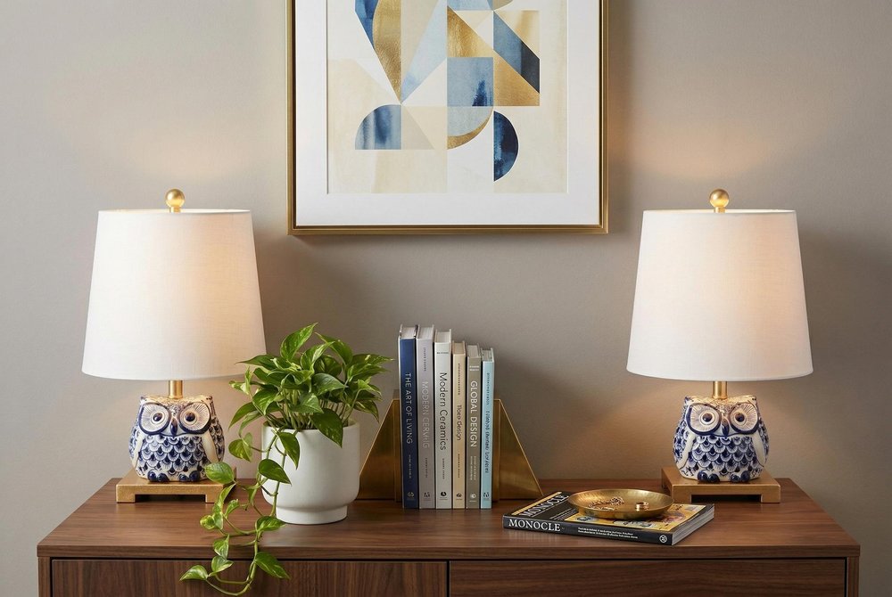 Set of Two 16" Gold Novelty Bedside Lamps With Empire Shades — view 6