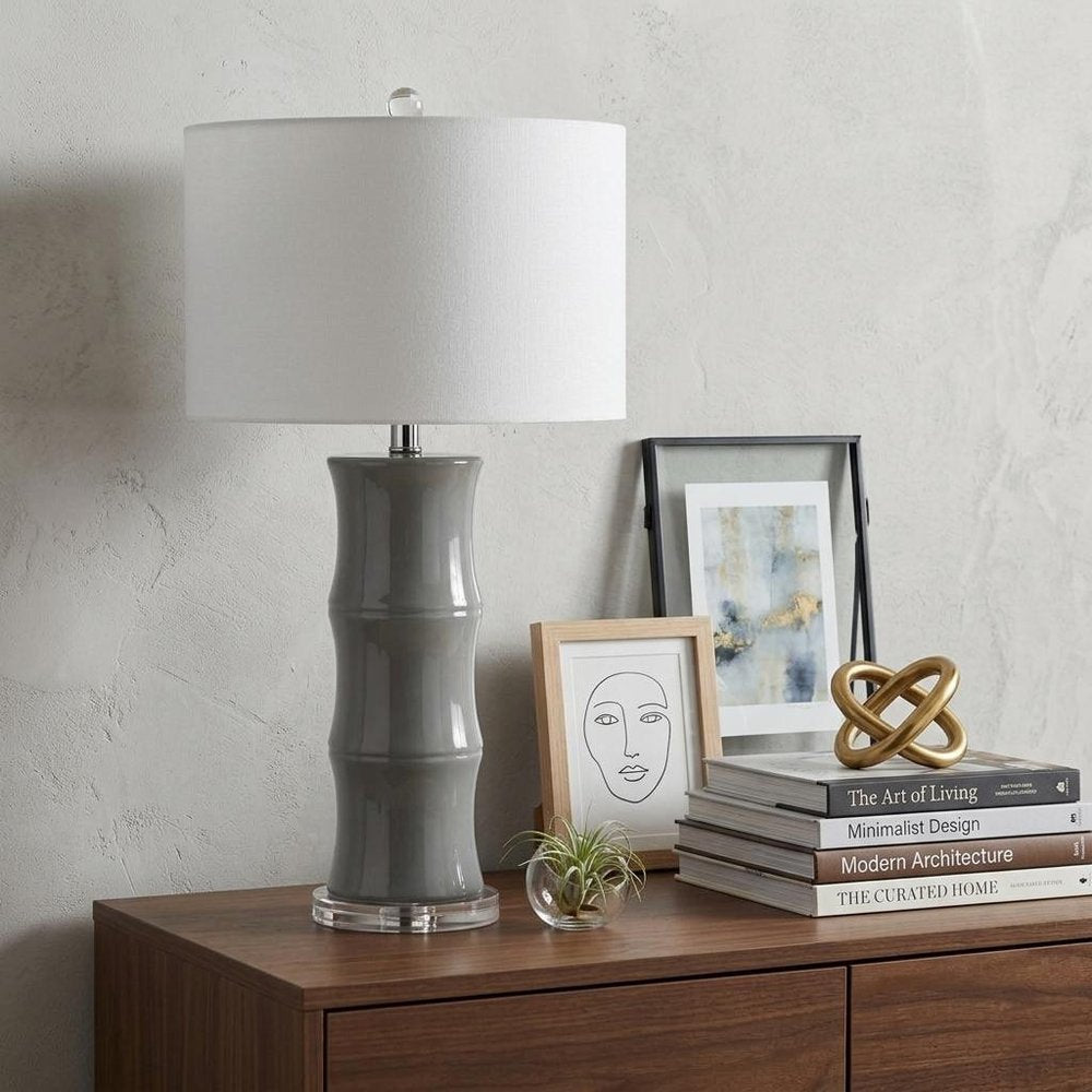 27" Gray And Clear Gourd Bedside Lamp With Drum Shade — view 6