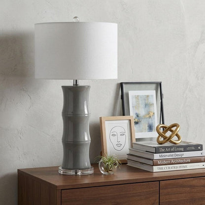 27" Gray And Clear Gourd Bedside Lamp With Drum Shade