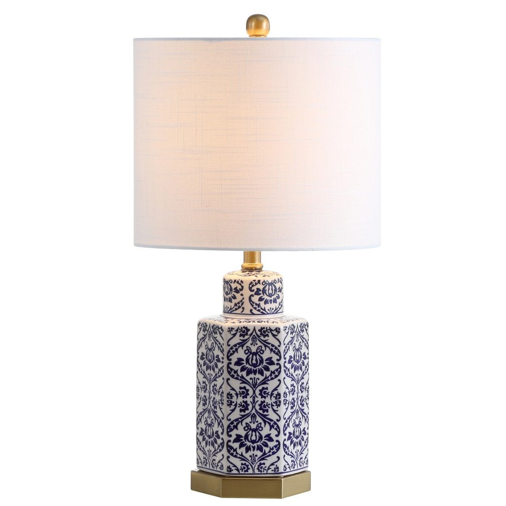 24" Navy Blue Gold And White Table Lamp With Drum Shade HomeRoots
