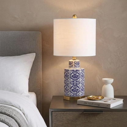 24" Navy Blue Gold And White Table Lamp With Drum Shade HomeRoots