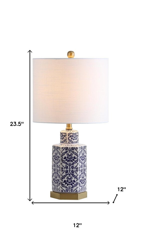 24" Navy Blue Gold And White Table Lamp With Drum Shade HomeRoots