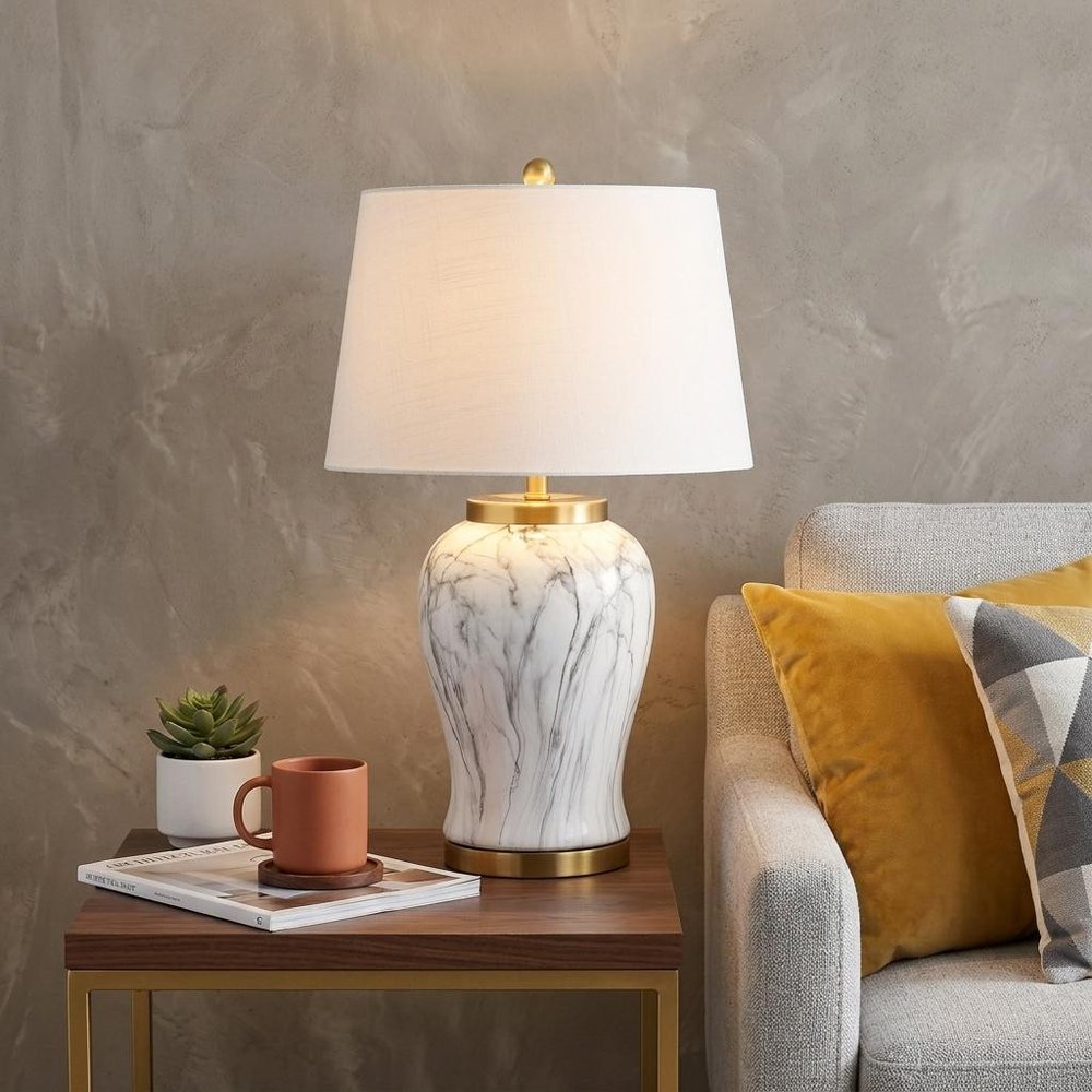 28" Gray White And Gold Urn Table Lamp With Empire Shade HomeRoots