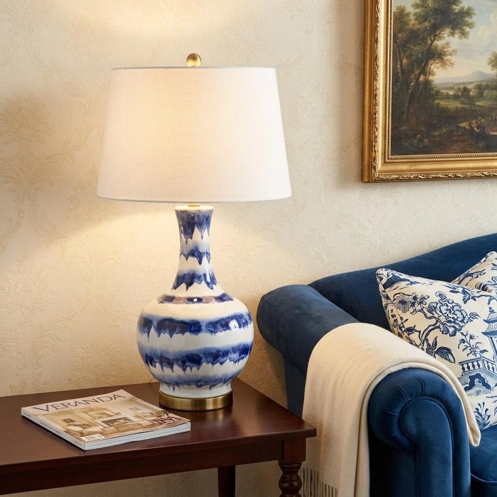 31" Blue White And Gold Novelty Table Lamp With Globe Shade — view 6