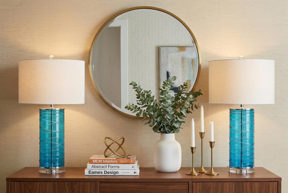 Set of Two 28" Turquoise And Clear Novelty Table Lamps With Drum Shades — view 6