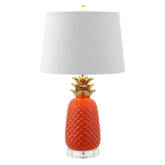 23" Clear Gold And Orange Pineapple Table Lamp With Drum Shade HomeRoots