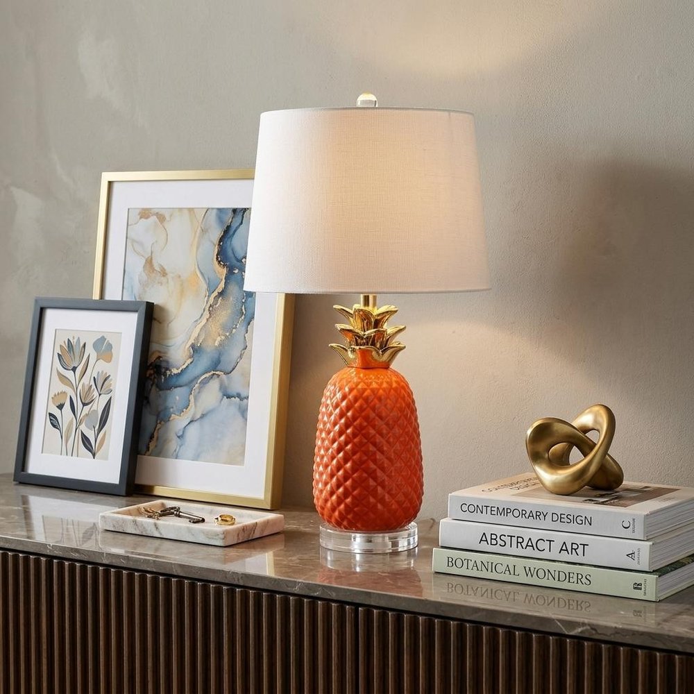23" Clear Gold And Orange Pineapple Table Lamp With Drum Shade HomeRoots