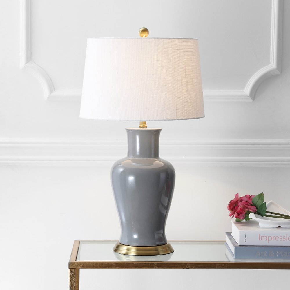 29" Gray And Gold Urn Bedside Lamp With Drum Shade — view 1