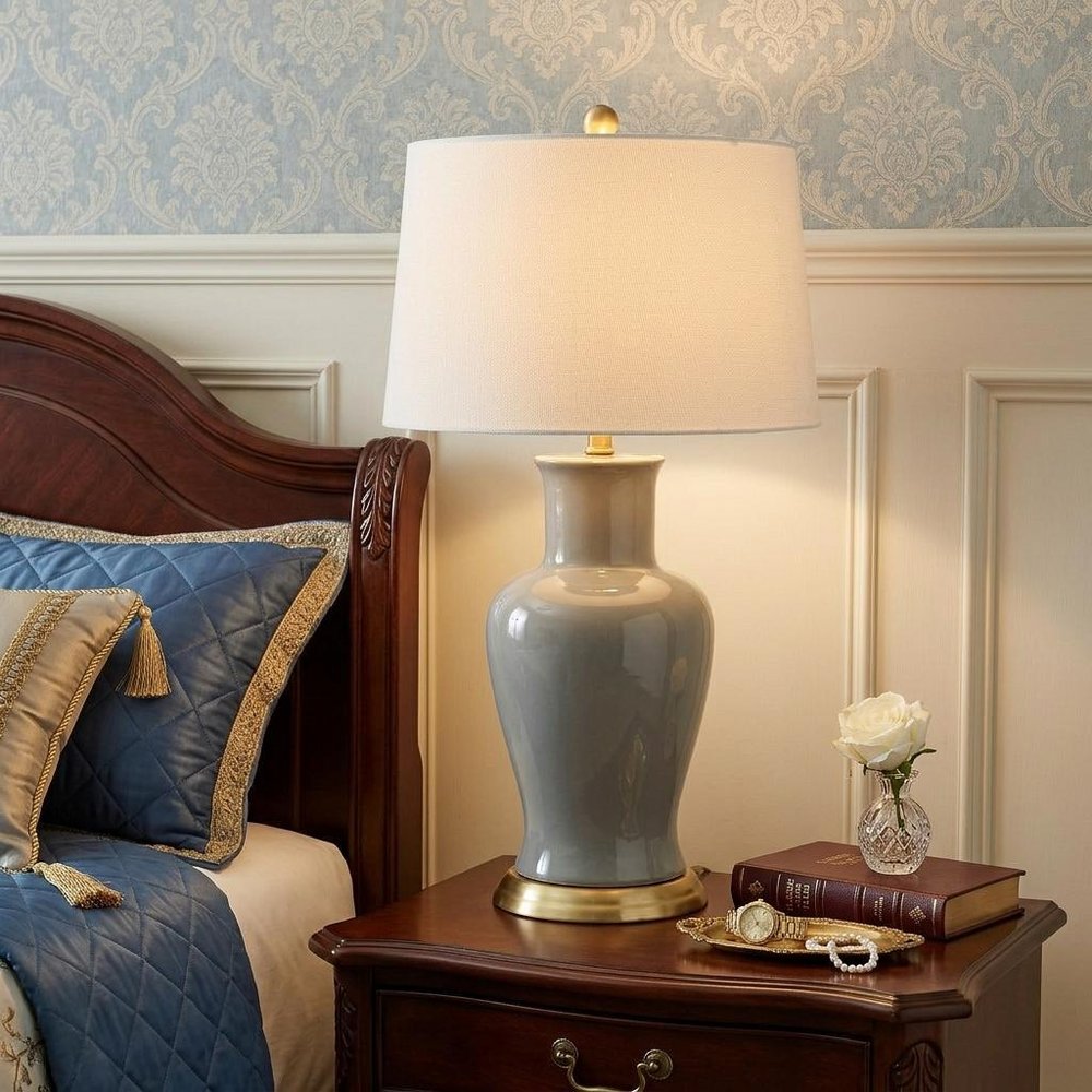29" Gray And Gold Urn Bedside Lamp With Drum Shade — view 7