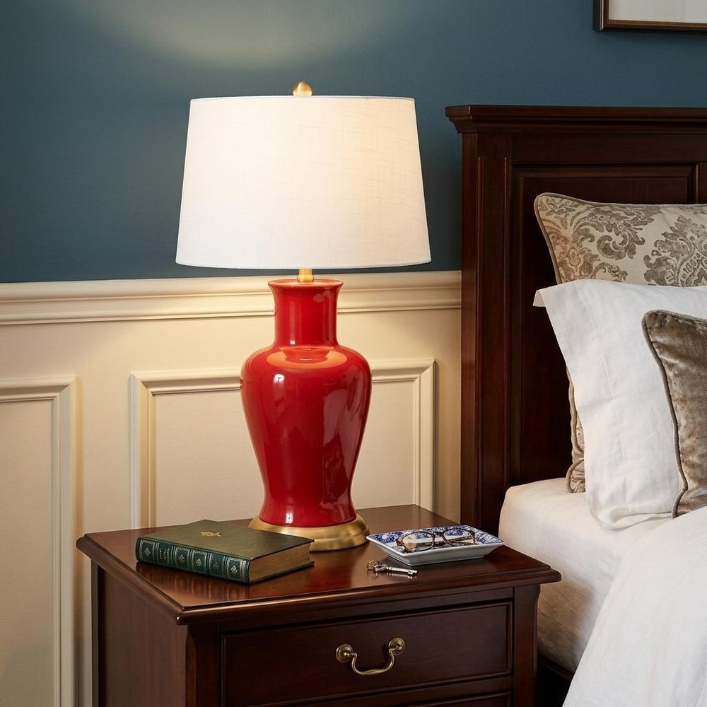 29" Red And Gold Urn Table Lamp With Drum Shade — view 4