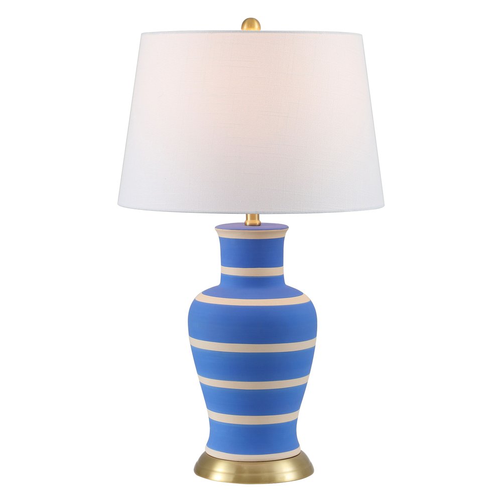 29" Blue Gold And Beige Urn Bedside Lamp With Empire Shade — view 1