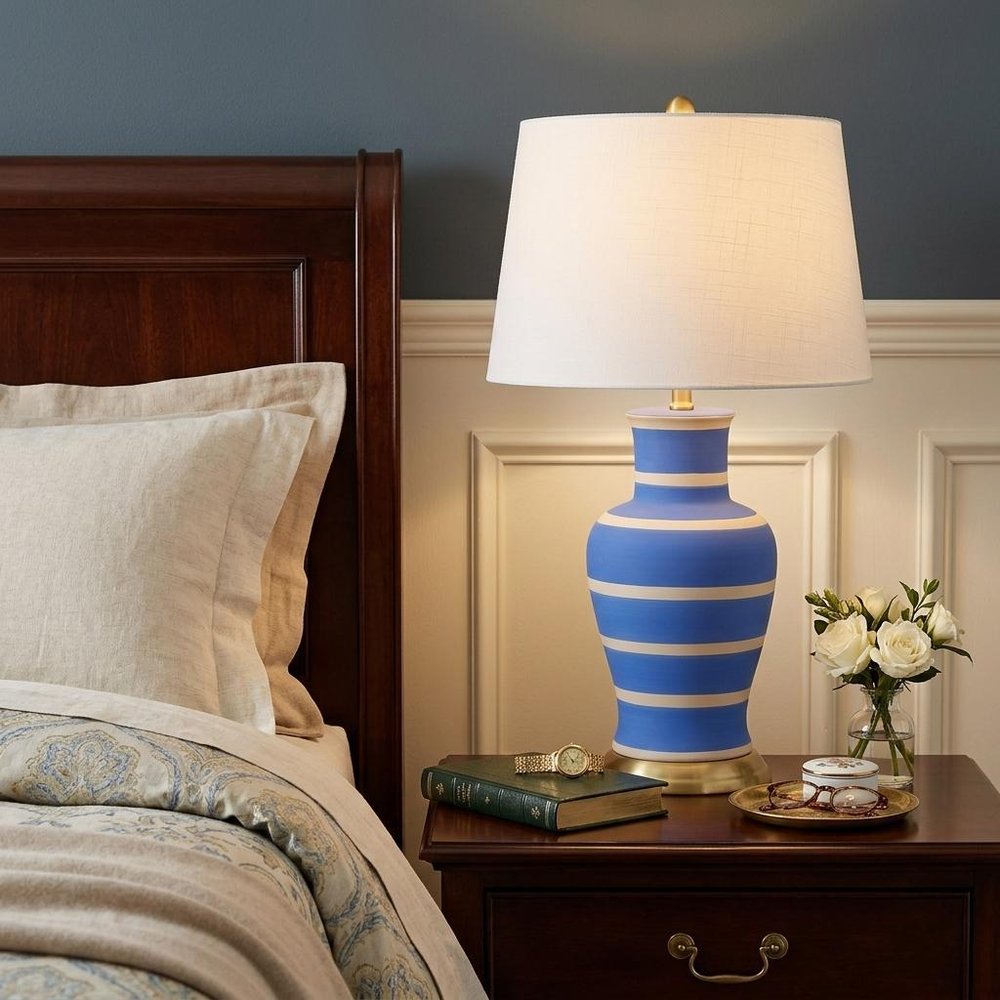 29" Blue Gold And Beige Urn Bedside Lamp With Empire Shade — view 4