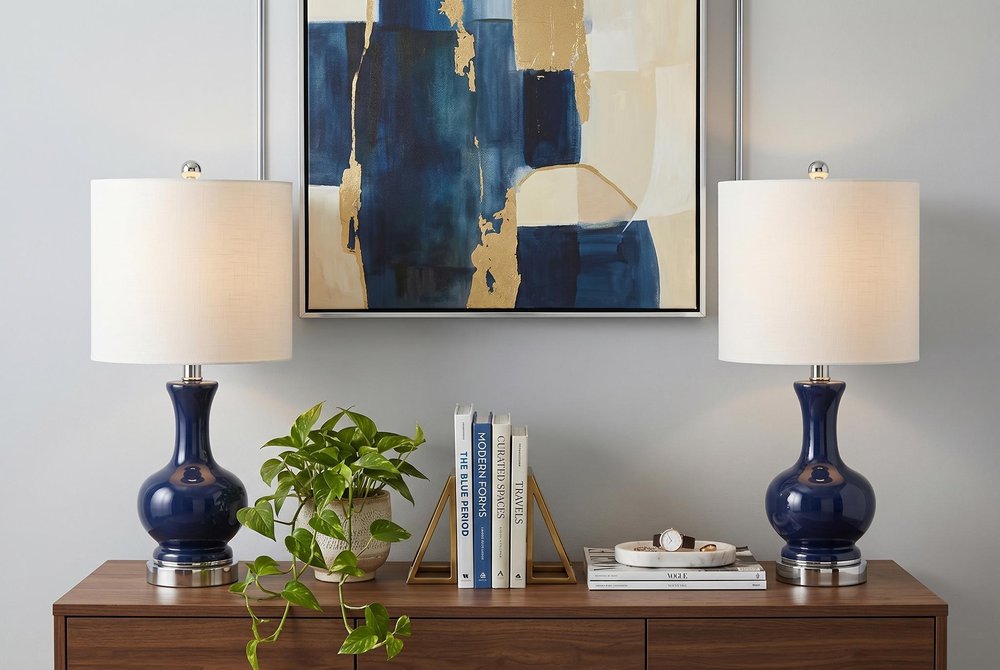 Set of Two 22" Navy Blue And Silver Gourd Bedside Lamps With Drum Shades — view 6