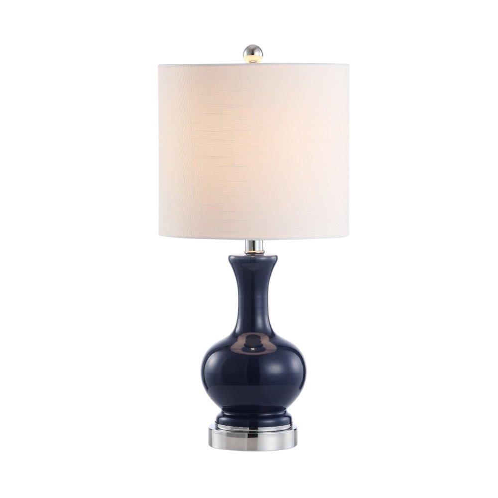 Set of Two 22" Navy Blue And Silver Gourd Bedside Lamps With Drum Shades — view 4