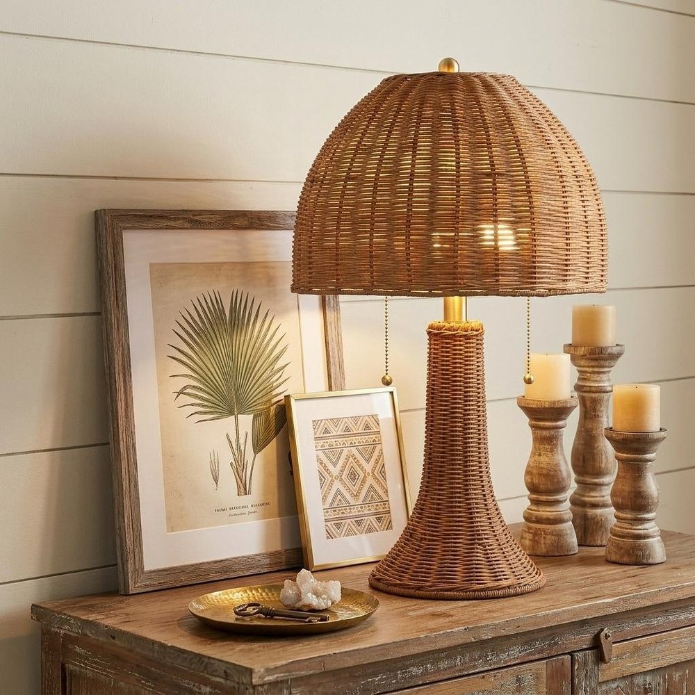 22" Natural Lantern Bedside Lamp With Dome Shade HomeRoots