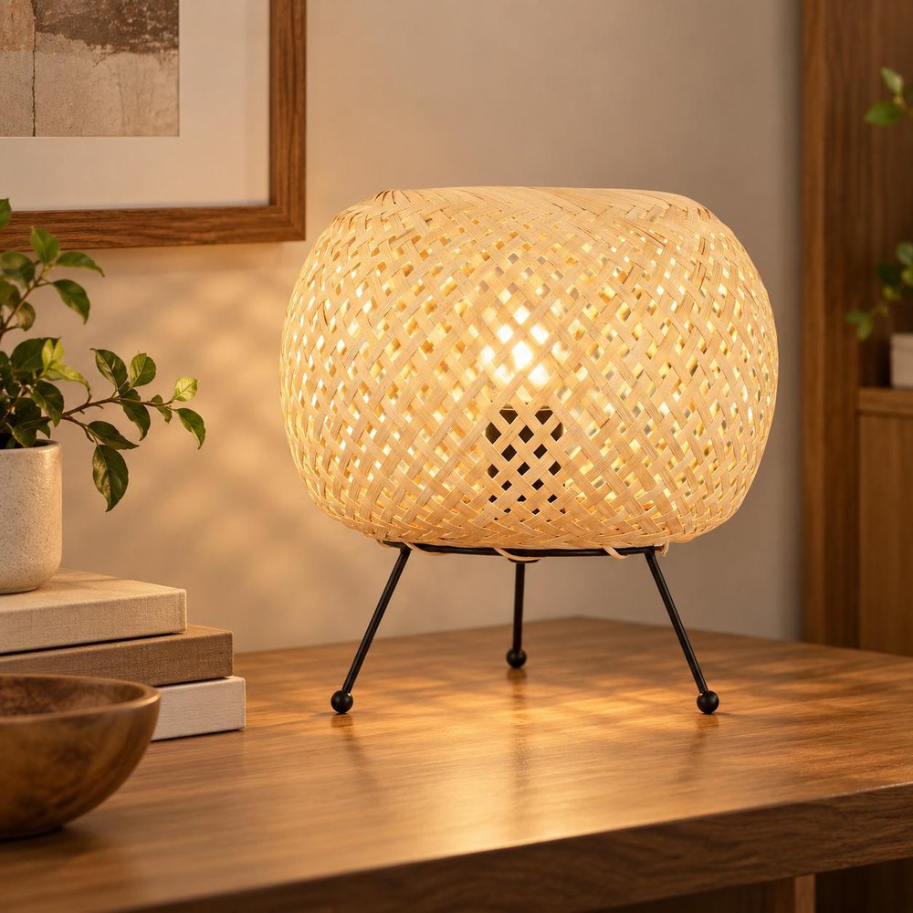 11" Natural And Black Woven Rattan Lantern Desk Lamp