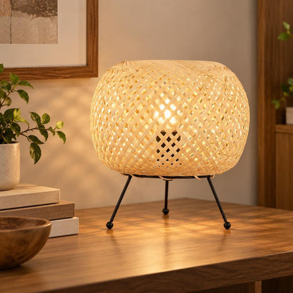 11" Natural And Black Woven Rattan Lantern Desk Lamp