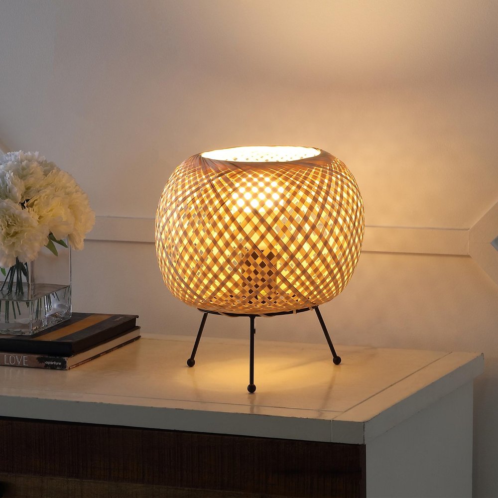 11" Natural And Black Woven Rattan Lantern Desk Lamp — view 1