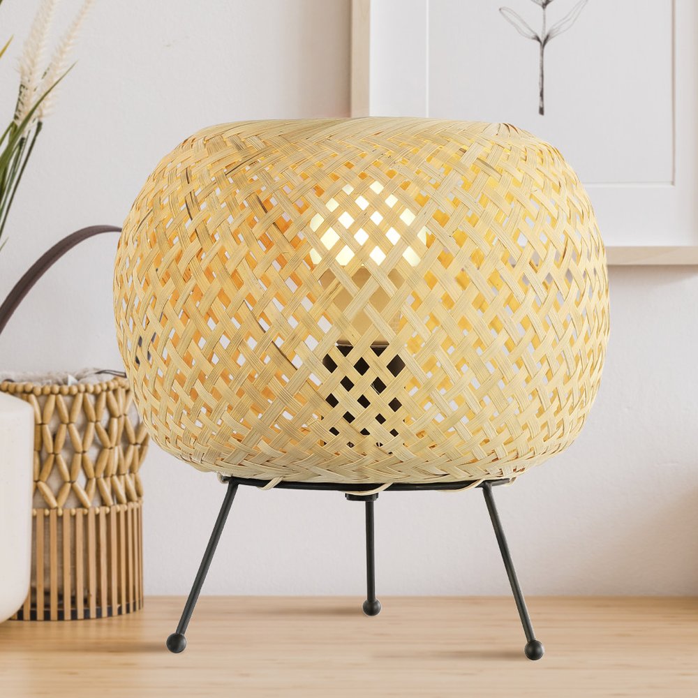 11" Natural And Black Woven Rattan Lantern Desk Lamp