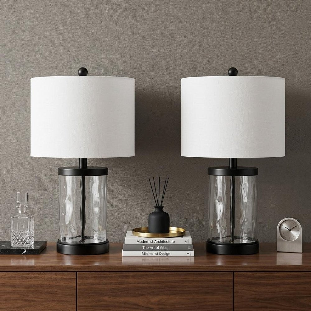 Set of Two 21" Black Table Lamps With Drum Shades HomeRoots