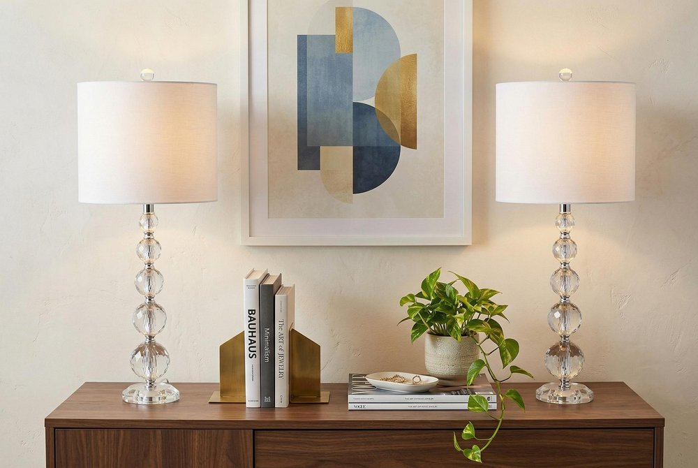 Set of Two 27" Clear Table Lamps With Drum Shades — view 6