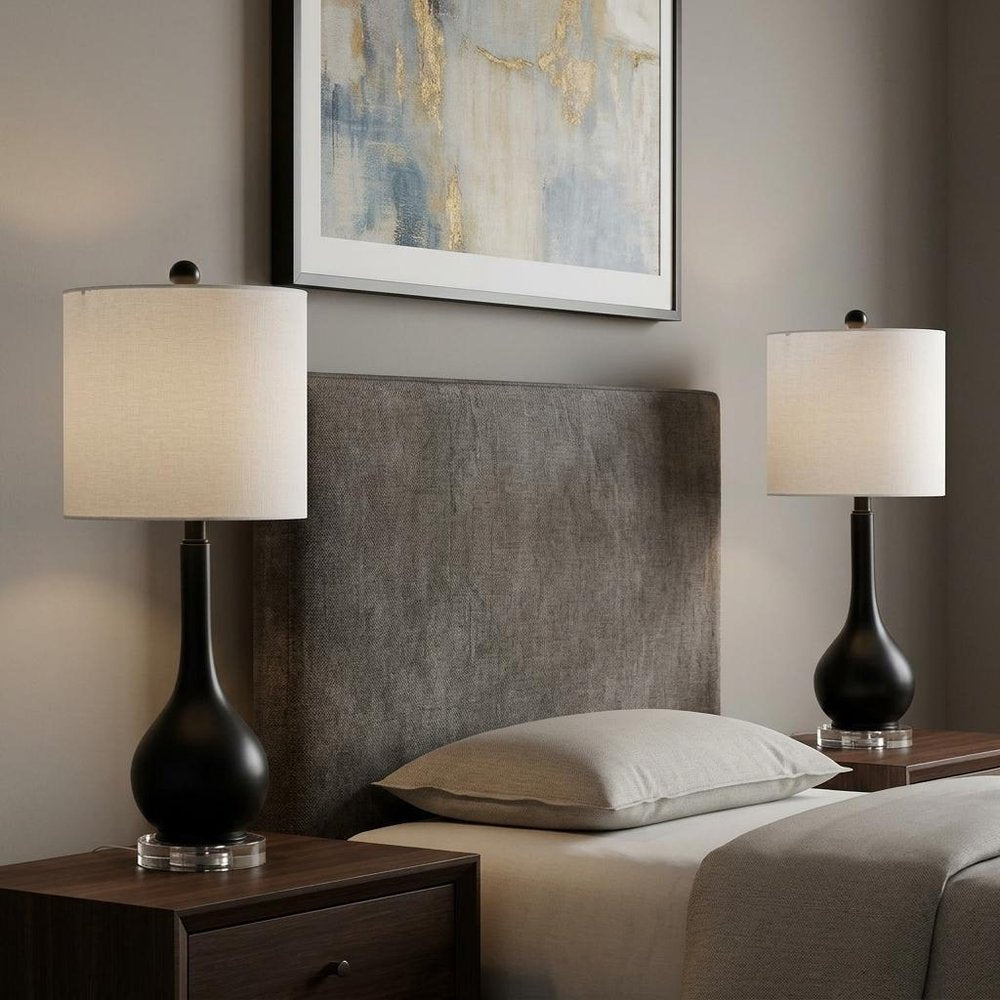 Set of Two 25" Black And Clear Gourd Table Lamps With Drum Shades — view 7